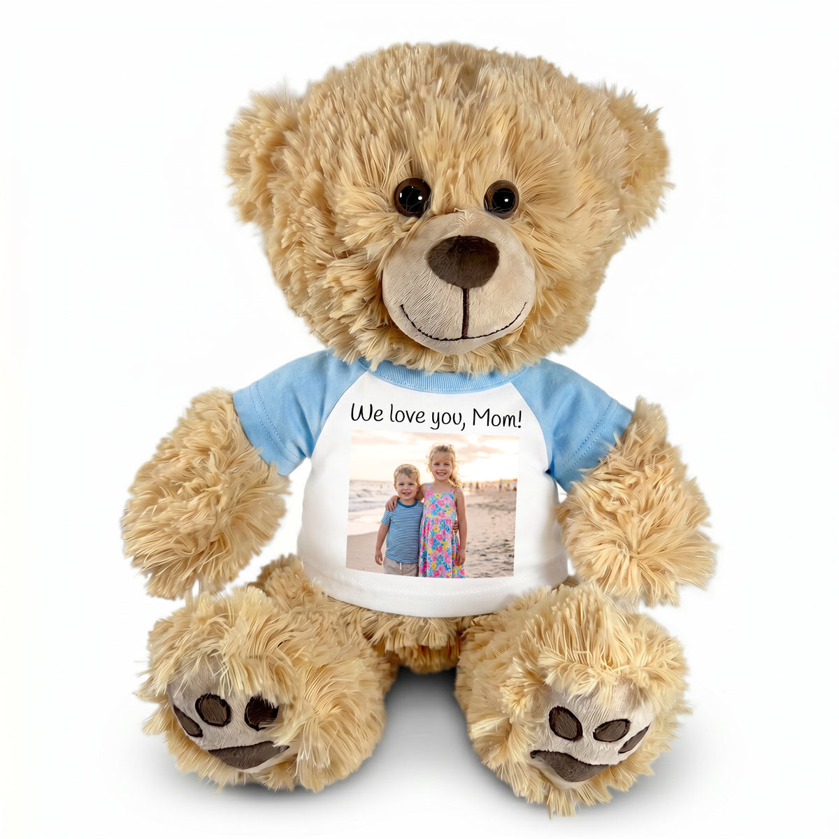 Personalized Teddy Bear - 15" Honey Bear with Photo and/or Text - Light Blue Shirt