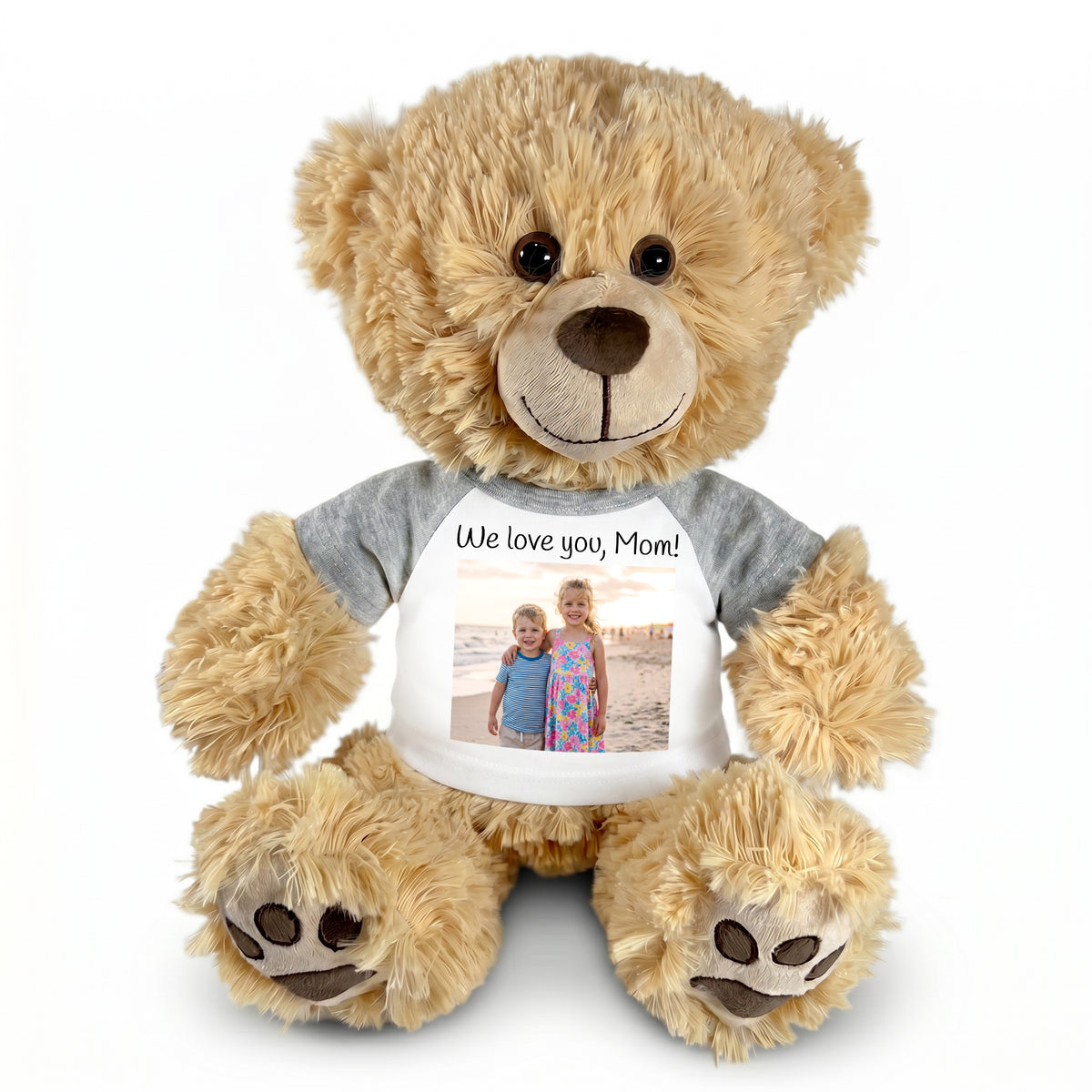 Personalized Teddy Bear - 15" Honey Bear with Photo and/or Text - Grey Shirt