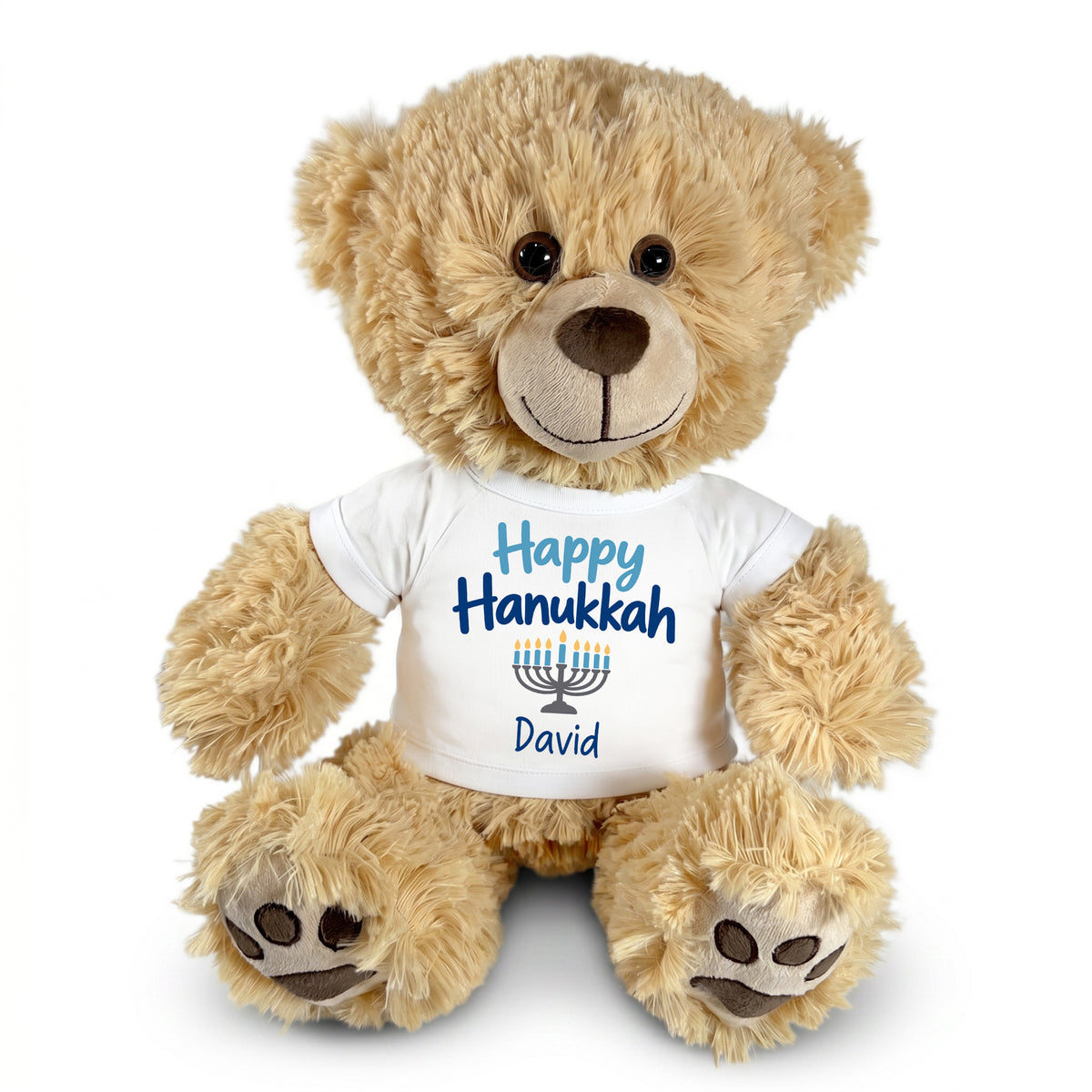 Hanukkah Teddy Bear - 15 Inch Personalized Honey Bear - Happy Hanukkah Design - White Shirt with Blue Design
