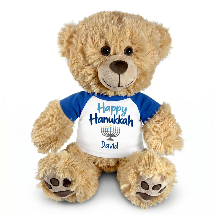 Hanukkah Teddy Bear - 15 Inch Personalized Honey Bear - Happy Hanukkah Design - Royal Blue Shirt with Blue Design