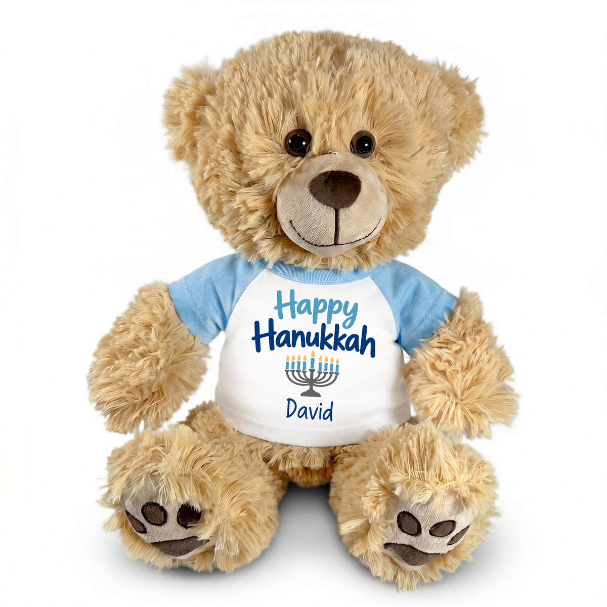 Hanukkah Teddy Bear - 15 Inch Personalized Honey Bear - Happy Hanukkah Design - Light Blue Shirt with Blue Design