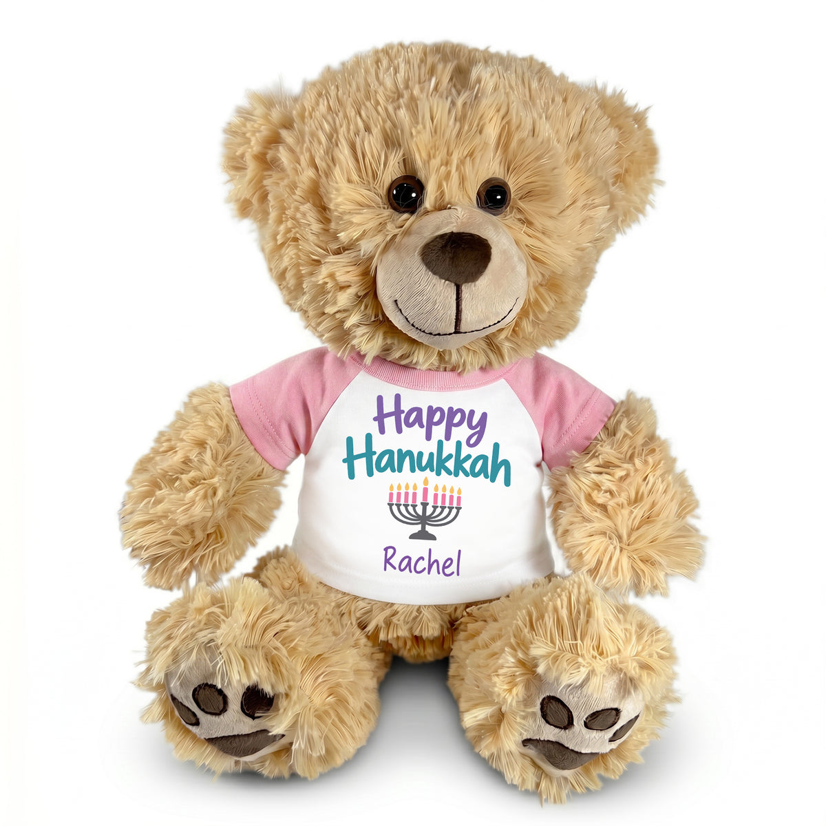 Hanukkah Teddy Bear - 15 Inch Personalized Honey Bear - Happy Hanukkah Design - Pink Shirt with Pastel Design
