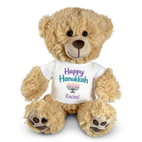 Hanukkah Teddy Bear - 15 Inch Personalized Honey Bear - Happy Hanukkah Design - White Shirt with Pastel Design