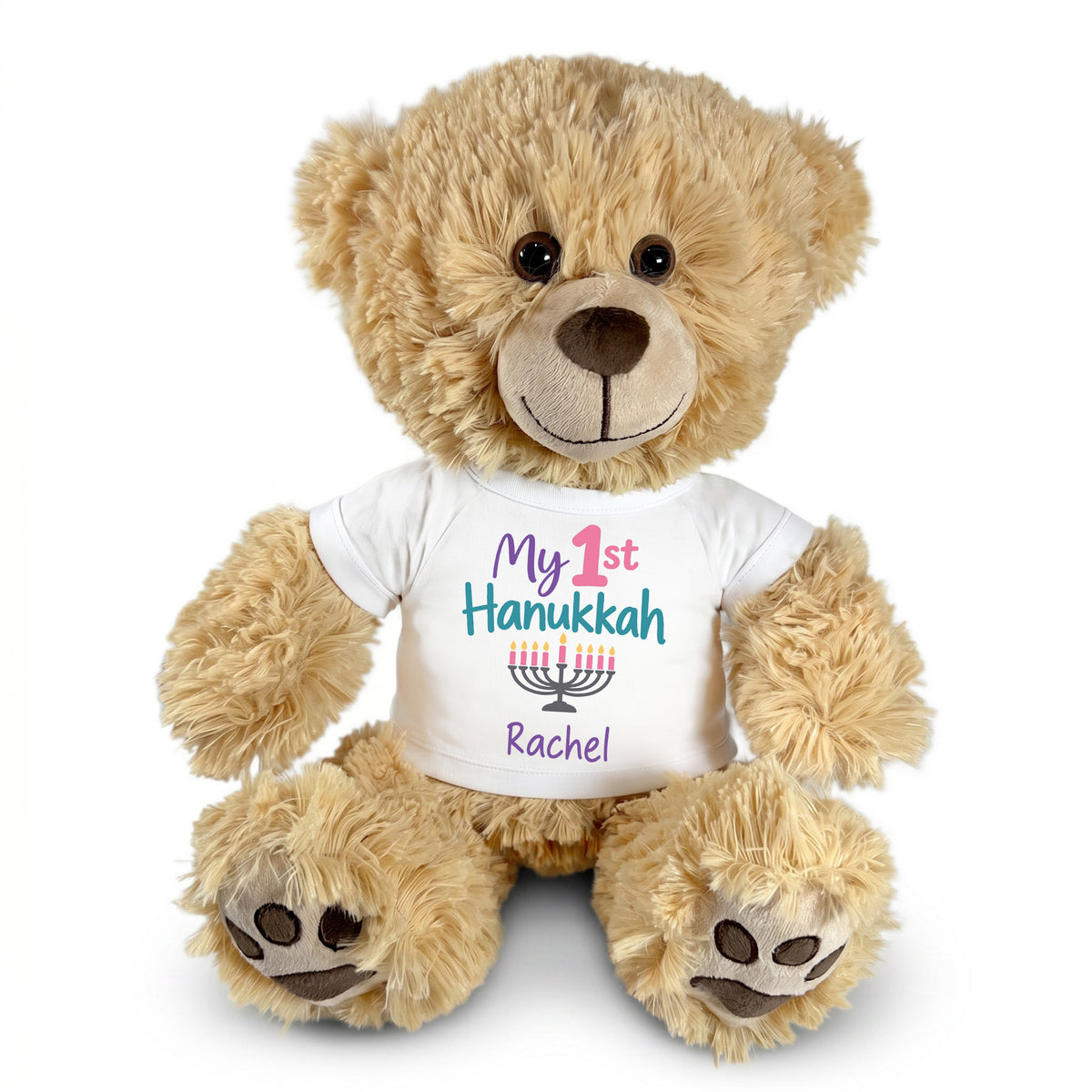 Hanukkah Teddy Bear - 15 Inch Personalized Honey Bear - My First Hanukkah Design - White Shirt with Pastel Design