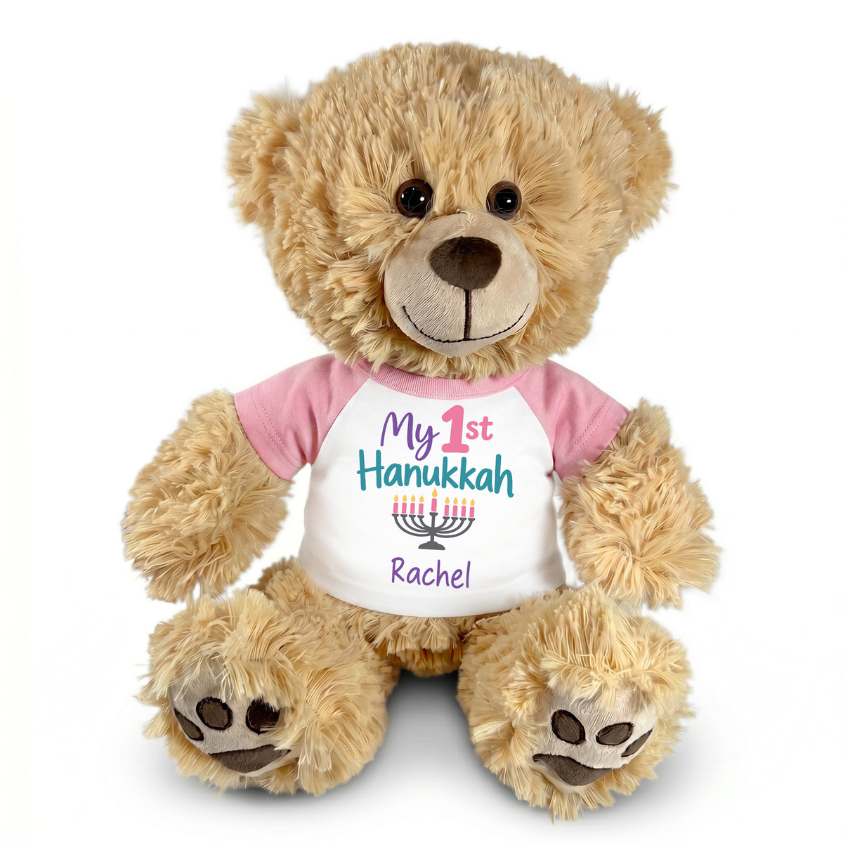 Hanukkah Teddy Bear - 15 Inch Personalized Honey Bear - My First Hanukkah Design - Pink Shirt with Pastel Design