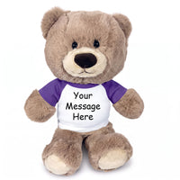 Personalized Teddy Bear - 11 inch Hug-a-Wug Bear, Taupe - Purple Shirt
