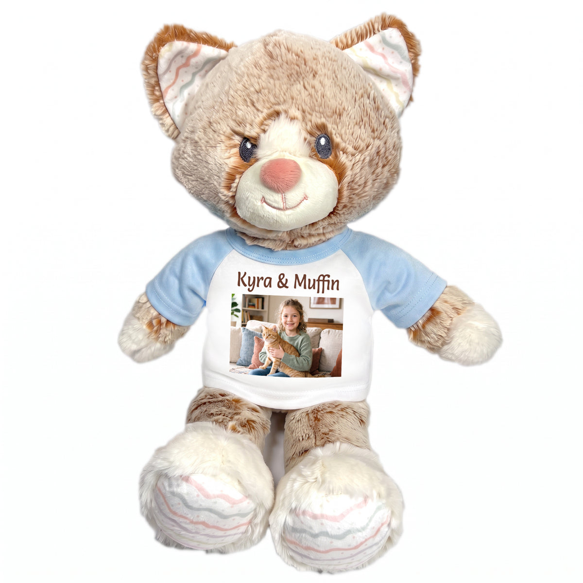 Personalized Stuffed Cat - 12 inch Ebba Plush Kit Kitten with Photo and/or Text - Light Blue Shirt