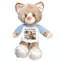Personalized Stuffed Cat - 12 inch Ebba Plush Kit Kitten with Photo and/or Text - Light Blue Shirt