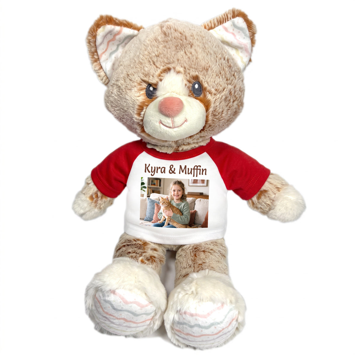 Personalized Stuffed Cat - 12 inch Ebba Plush Kit Kitten with Photo and/or Text - Red Shirt