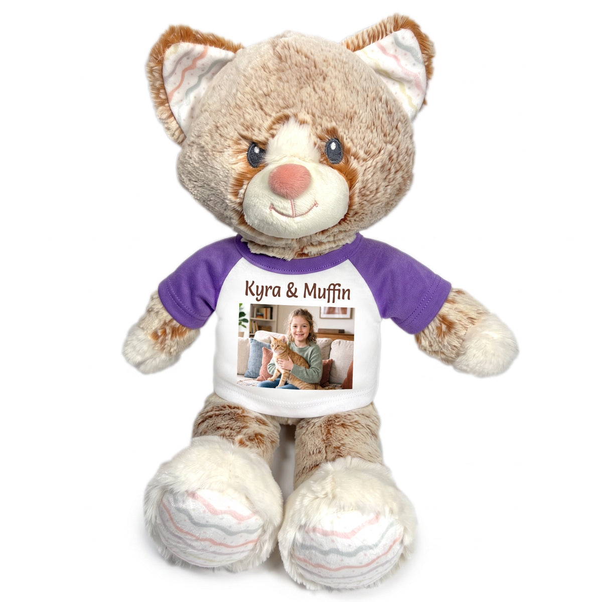 Personalized Stuffed Cat - 12 inch Ebba Plush Kit Kitten with Photo and/or Text - Purple Shirt