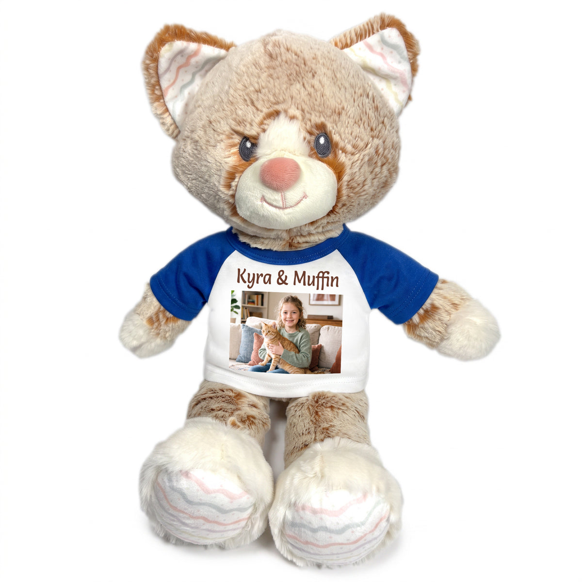 Personalized Stuffed Cat - 12 inch Ebba Plush Kit Kitten with Photo and/or Text - Royal Blue Shirt