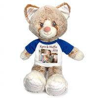 Personalized Stuffed Cat - 12 inch Ebba Plush Kit Kitten with Photo and/or Text - Royal Blue Shirt