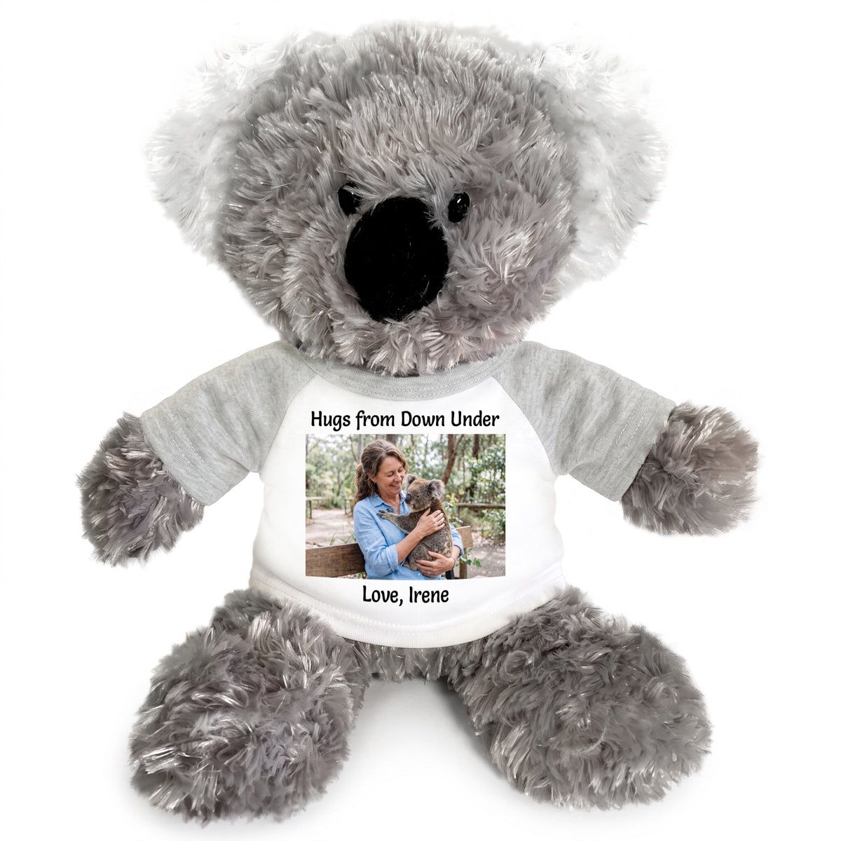 Personalized Stuffed Koala - 12 inch Tubbie Wubbie Koala with Photo and/or Text - Grey Shirt