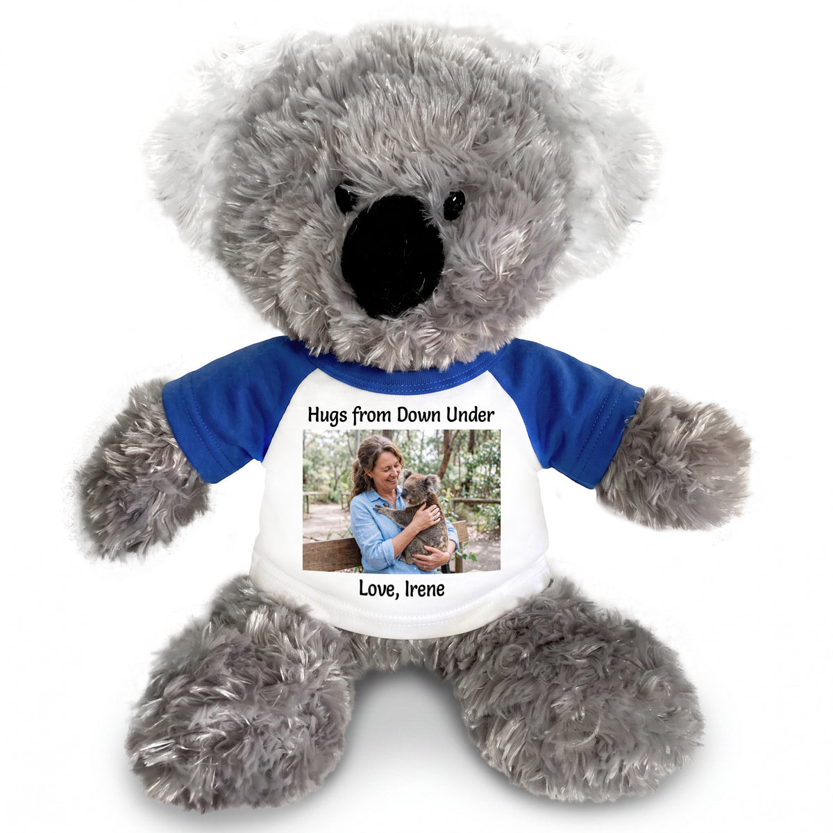 Personalized Stuffed Koala - 12 inch Tubbie Wubbie Koala with Photo and/or Text - Royal Blue Shirt