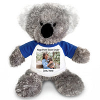 Personalized Stuffed Koala - 12 inch Tubbie Wubbie Koala with Photo and/or Text - Royal Blue Shirt