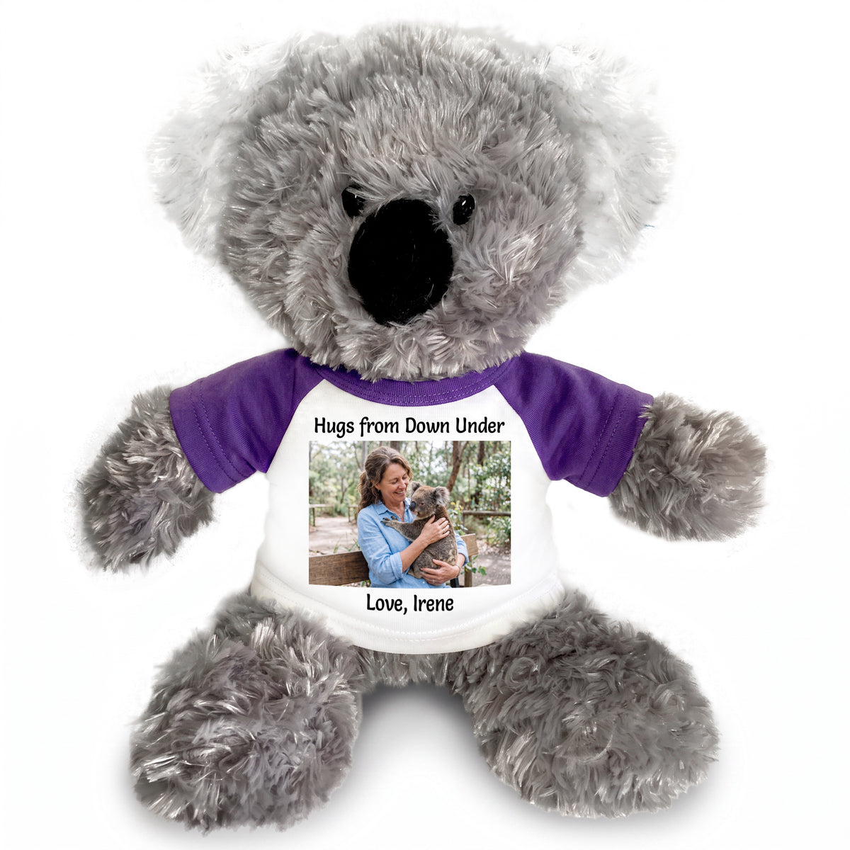 Personalized Stuffed Koala - 12 inch Tubbie Wubbie Koala with Photo and/or Text - Purple Shirt