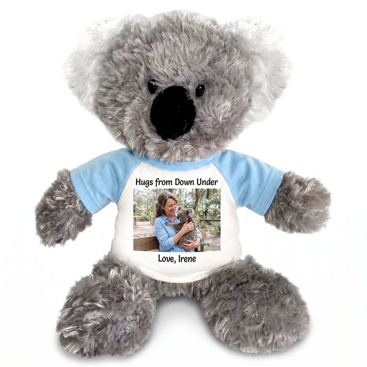 Personalized Stuffed Koala - 12 inch Tubbie Wubbie Koala with Photo and/or Text - Light Blue Shirt