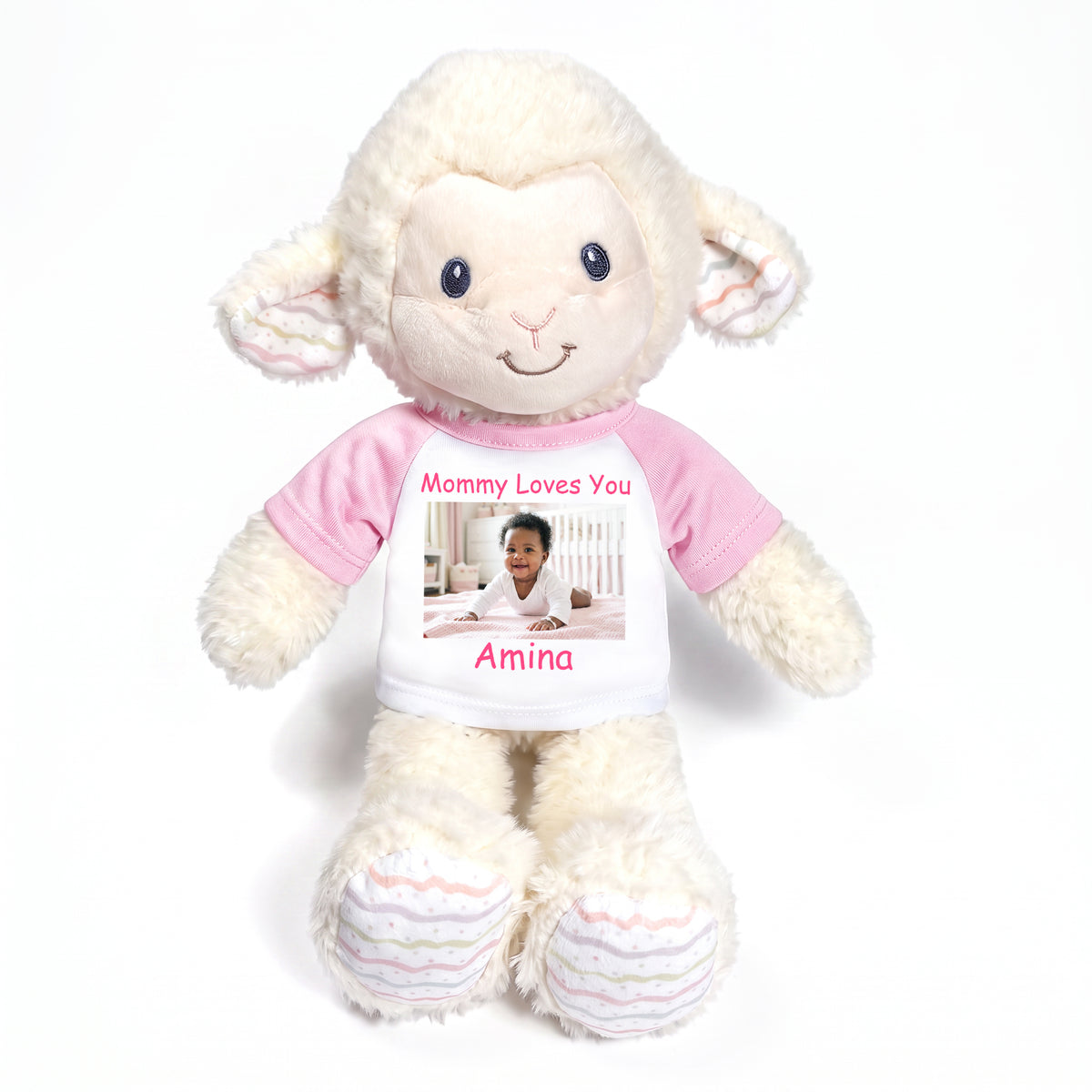 Personalized Stuffed Sheep / Lamb - 12 Inch LoveLee Lamb with Photo and/or Text - Pink Shirt