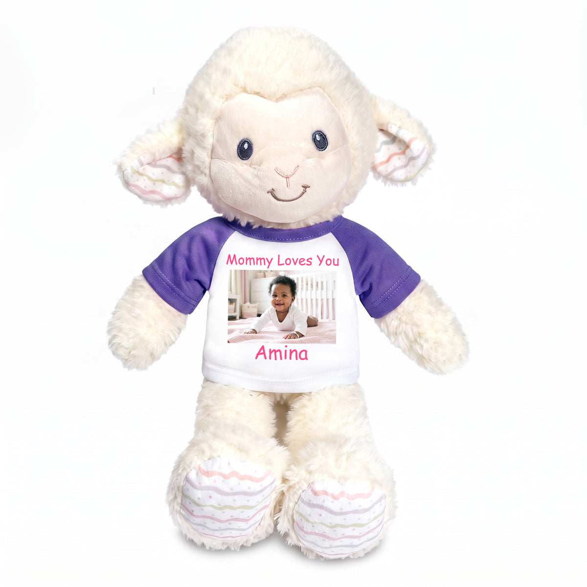 Personalized Stuffed Sheep / Lamb - 12 Inch LoveLee Lamb with Photo and/or Text - Purple Shirt
