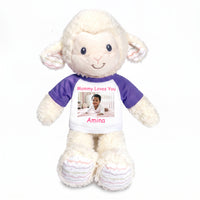 Personalized Stuffed Sheep / Lamb - 12 Inch LoveLee Lamb with Photo and/or Text - Purple Shirt