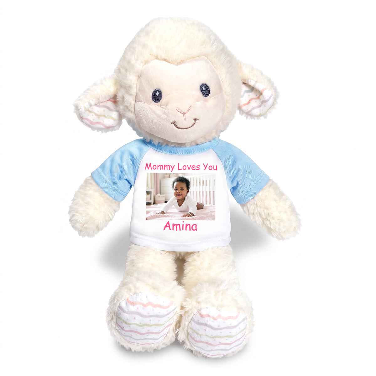 Personalized Stuffed Sheep / Lamb - 12 Inch LoveLee Lamb with Photo and/or Text - Light Blue Shirt