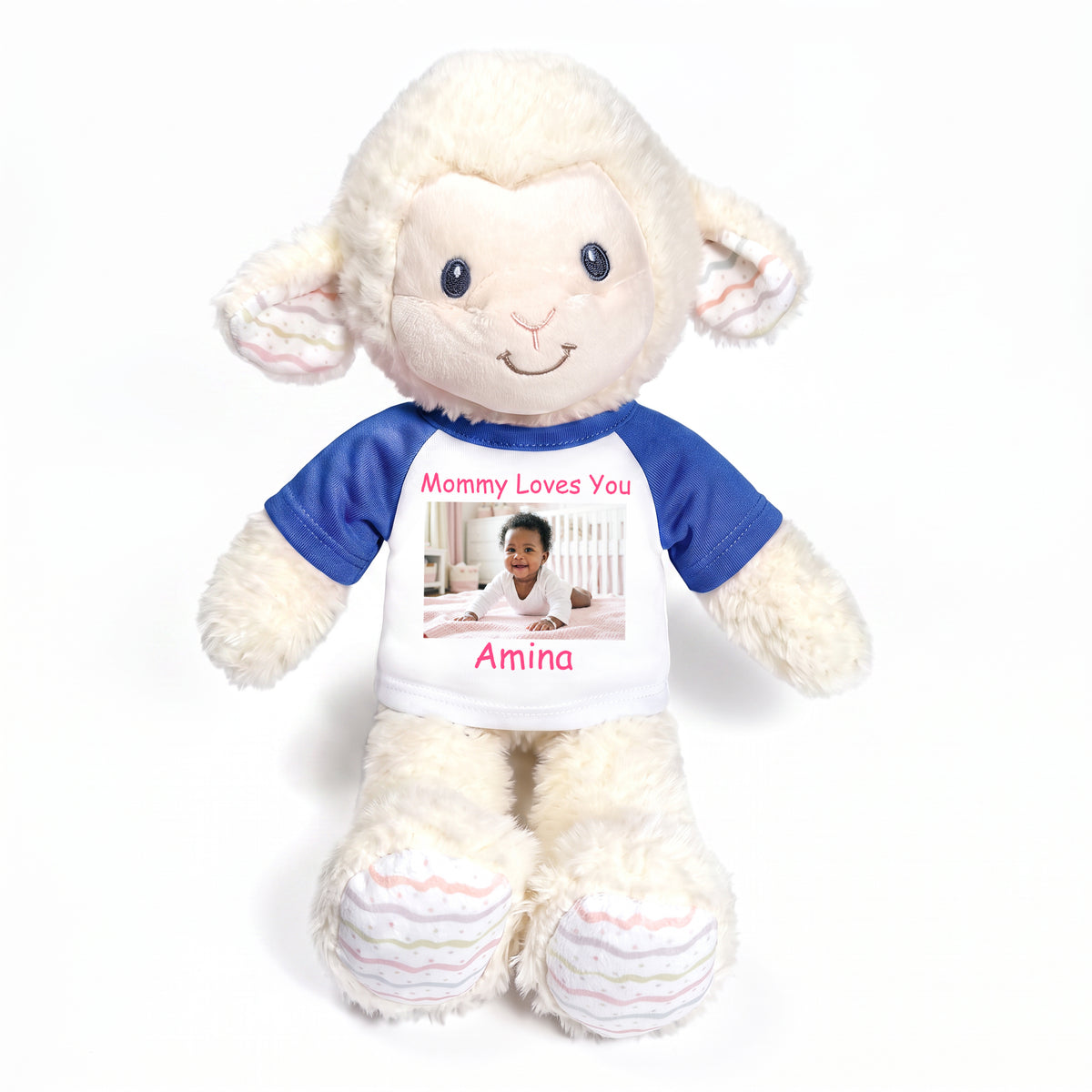 Personalized Stuffed Sheep / Lamb - 12 Inch LoveLee Lamb with Photo and/or Text - Royal Blue Shirt
