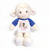 Personalized Stuffed Sheep / Lamb - 12 Inch LoveLee Lamb with Photo and/or Text - Royal Blue Shirt