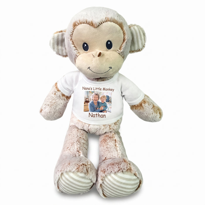 Personalized Stuffed Monkey -  12" Marlow Monkey with Photo and/or Text - White Shirt