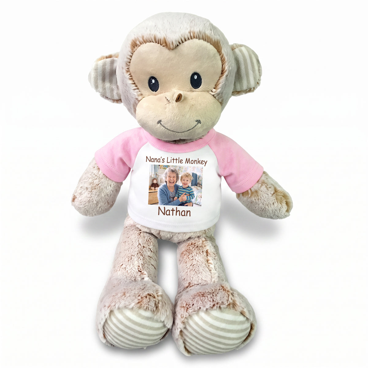 Personalized Stuffed Monkey -  12" Marlow Monkey with Photo and/or Text - Pink Shirt