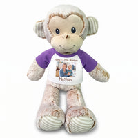 Personalized Stuffed Monkey -  12" Marlow Monkey with Photo and/or Text - Purple Shirt