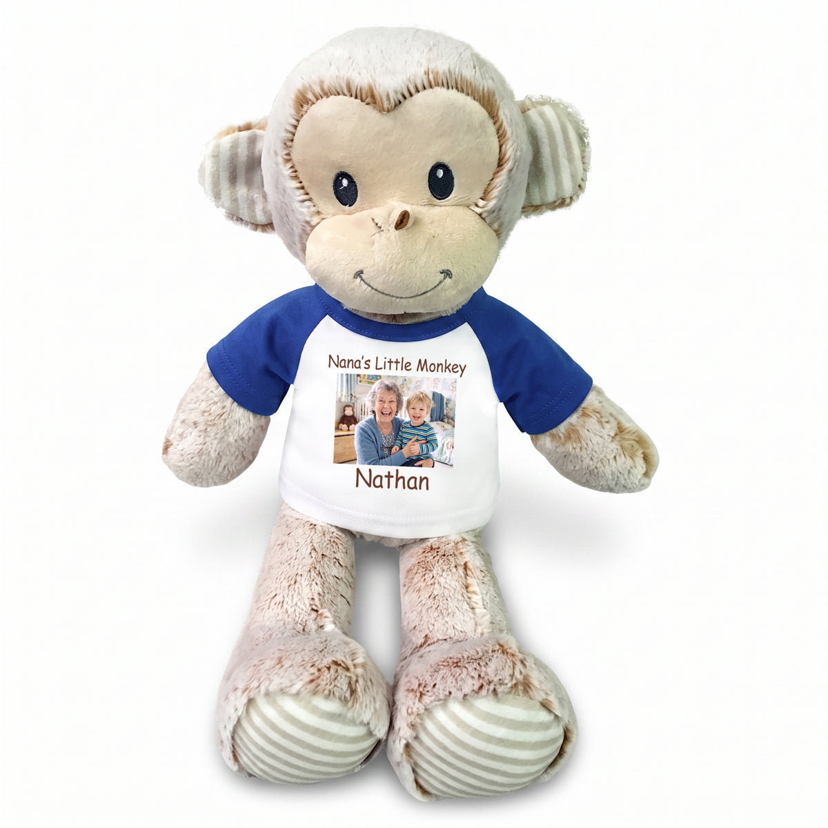 Personalized Stuffed Monkey -  12" Marlow Monkey with Photo and/or Text - Royal Blue Shirt