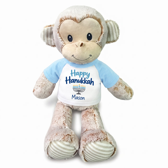 Personalized Hanukkah Stuffed Monkey - 12 Inch Plush Marlow Monkey - Happy Hanukkah, Light Blue Shirt / Blue Design