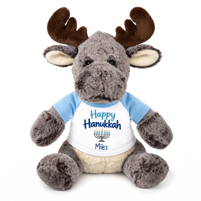Personalized Hanukkah Stuffed Moose - 11 Inch Plush Milo Moose - Happy Hanukkah, Lt Blue Shirt / Blue Design