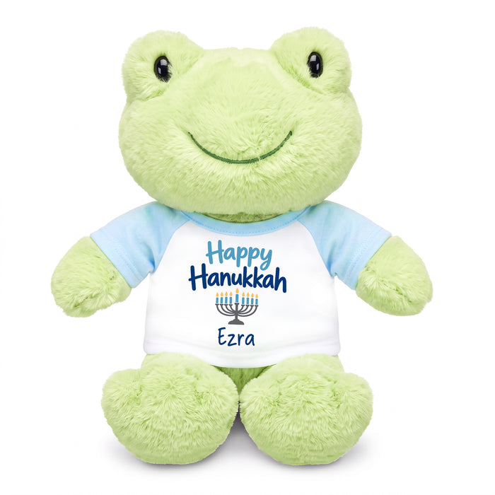 Personalized Hanukkah Stuffed Frog - 12 Inch Plush Tumbletoes Frog - Happy Hanukkah Design - Light Blue shirt, blue design