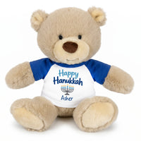 Personalized Hanukkah Teddy Bear - 10 Inch Tan Nuzzles Bear - Happy Hanukkah, Royal Blue Shirt / Blue Design,