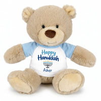 Personalized Hanukkah Teddy Bear - 10 Inch Tan Nuzzles Bear - Happy Hanukkah, Lt Blue Shirt / Blue Design,