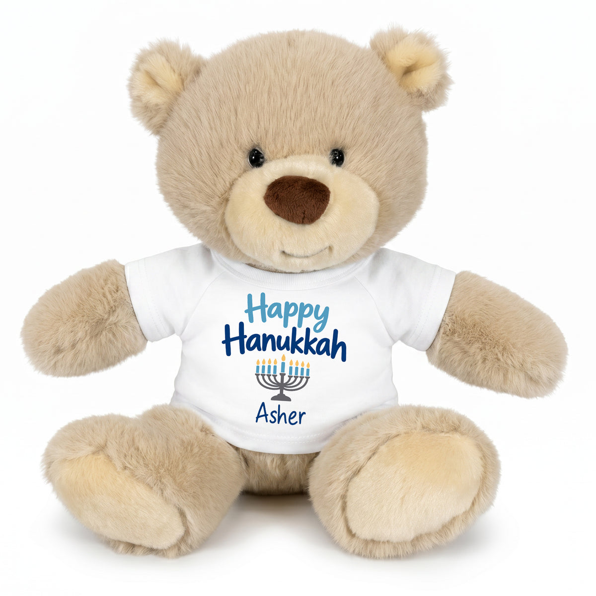 Personalized Hanukkah Teddy Bear - 10 Inch Tan Nuzzles Bear - Happy Hanukkah, White Shirt / Blue Design,