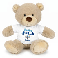 Personalized Hanukkah Teddy Bear - 10 Inch Tan Nuzzles Bear - Happy Hanukkah, White Shirt / Blue Design,