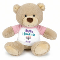 Personalized Hanukkah Teddy Bear - 10 Inch Tan Nuzzles Bear - Happy Hanukkah, Pink Shirt / Pastel Design,