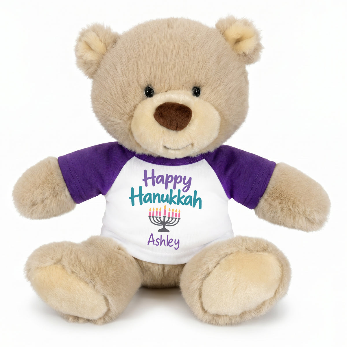 Personalized Hanukkah Teddy Bear - 10 Inch Tan Nuzzles Bear - Happy Hanukkah, Purple Shirt / Pastel Design,