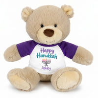 Personalized Hanukkah Teddy Bear - 10 Inch Tan Nuzzles Bear - Happy Hanukkah, Purple Shirt / Pastel Design,