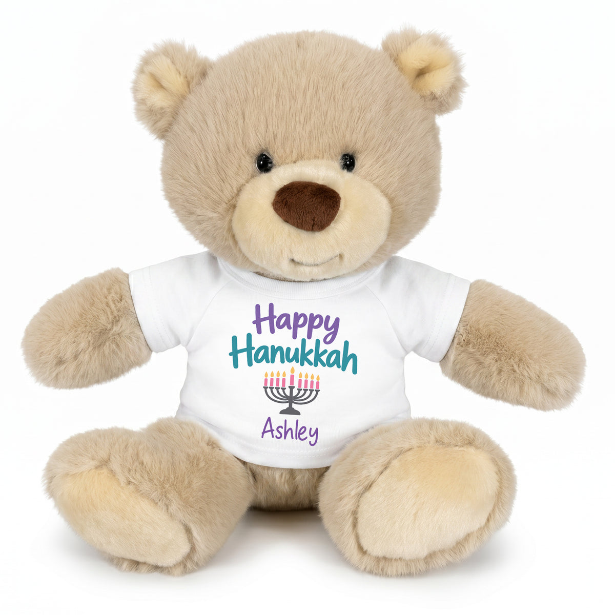 Personalized Hanukkah Teddy Bear - 10 Inch Tan Nuzzles Bear - Happy Hanukkah, White Shirt / Pastel Design,