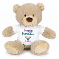 Personalized Hanukkah Teddy Bear - 10 Inch Tan Nuzzles Bear - Happy Hanukkah, White Shirt / Pastel Design,