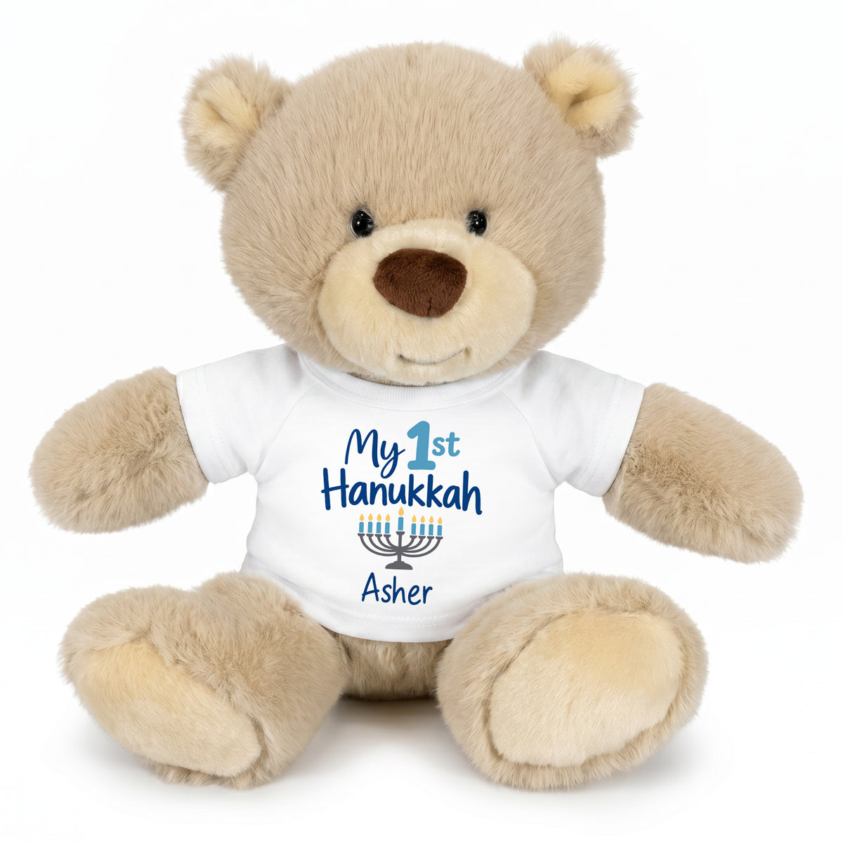 Personalized Hanukkah Teddy Bear - 10 Inch Tan Nuzzles Bear - My 1st Hanukkah, White Shirt / Blue Design,