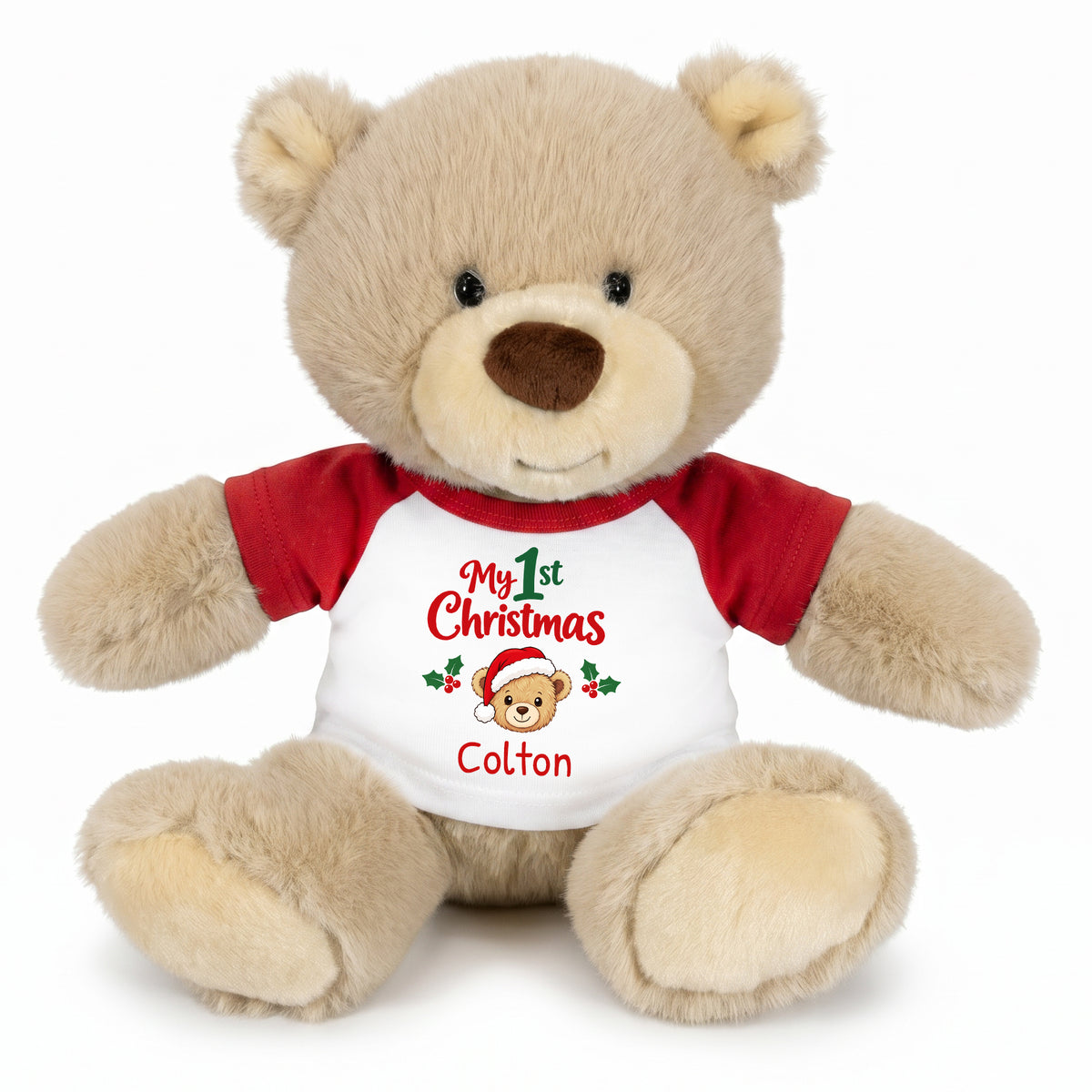 Personalized Christmas Teddy Bear - 10 Inch Tan Nuzzles Bear - Red, My 1st Christmas Bear