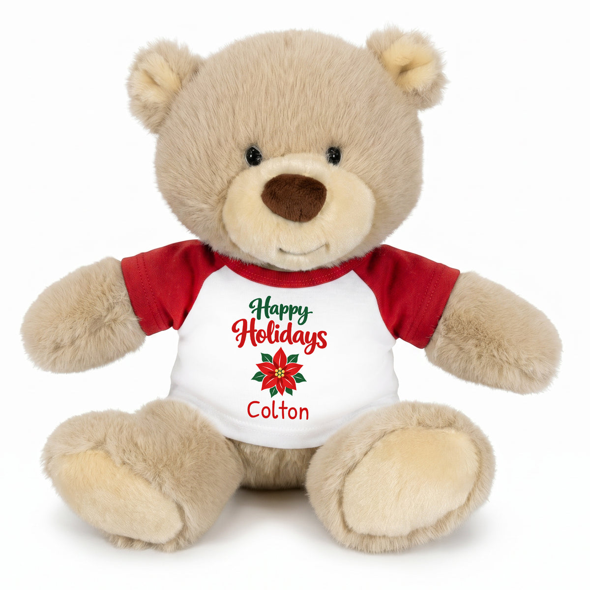 Personalized Christmas Teddy Bear - 10 Inch Tan Nuzzles Bear - Red, Happy Holidays Poinsettia