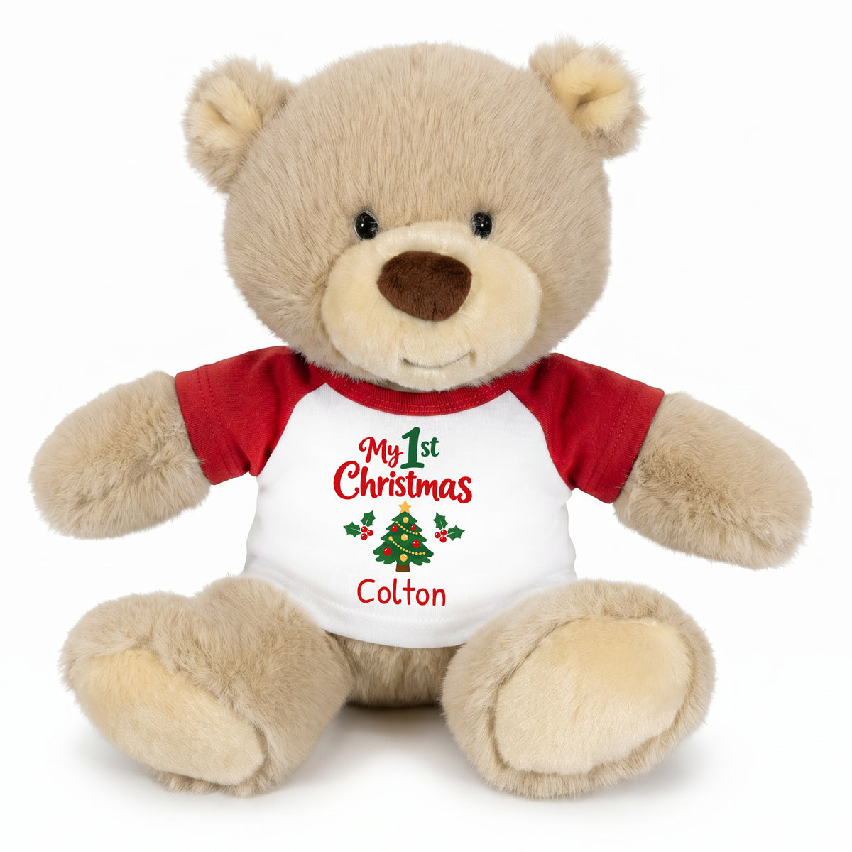 Personalized Christmas Teddy Bear - 10 Inch Tan Nuzzles Bear - Red, My 1st Christmas Tree