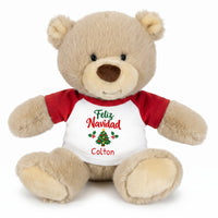 Personalized Christmas Teddy Bear - 10 Inch Tan Nuzzles Bear - Red, Feliz Navidad Tree