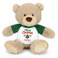 Personalized Christmas Teddy Bear - 10 Inch Tan Nuzzles Bear - Green, Merry Christmas Tree