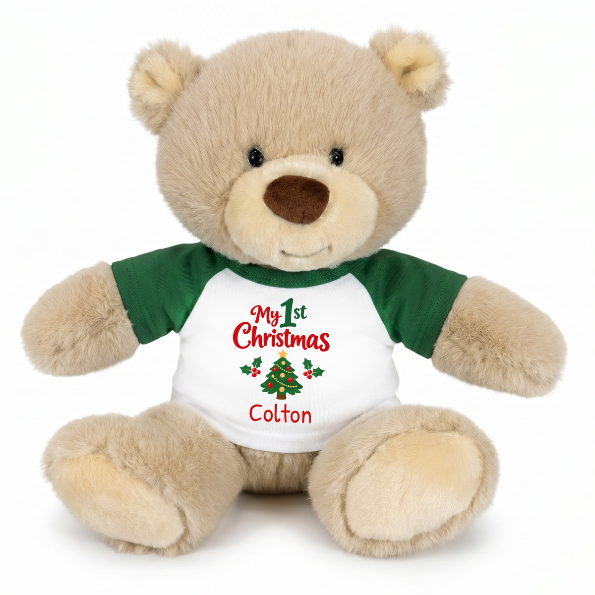 Personalized Christmas Teddy Bear - 10 Inch Tan Nuzzles Bear - Green, My 1st Christmas Tree